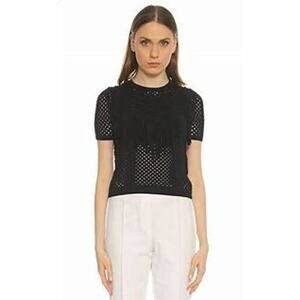 Crochet Leather Fringe Black Short Sleeve Open Knit Sweater Gothic Size Small